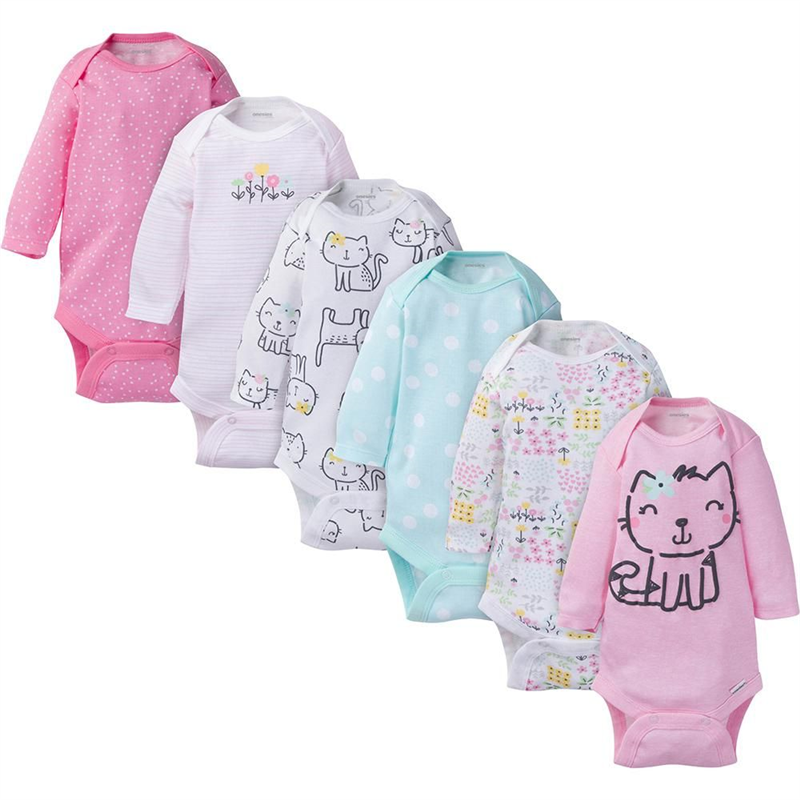 Baby Girl Long Sleeve Kitty Bodysuits - pack x6