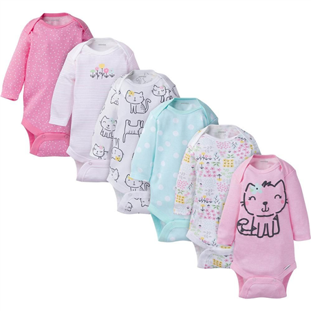 Baby Girl Long Sleeve Kitty Bodysuits - pack x6