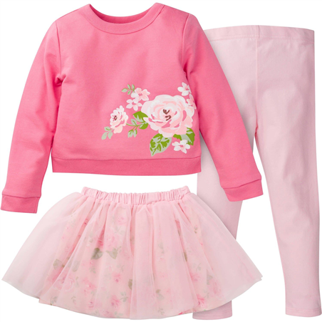 Conjunto de top de felpa francesa, tutú de tul y leggings con rosas- Set x3
